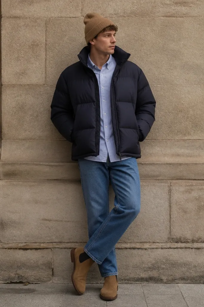 A navy oversized puffer jacket with a matte finish, worn over a light blue button-down, with medium-wash denim and tan-and-brown Chelsea boots; a tan wool beanie tops the look.