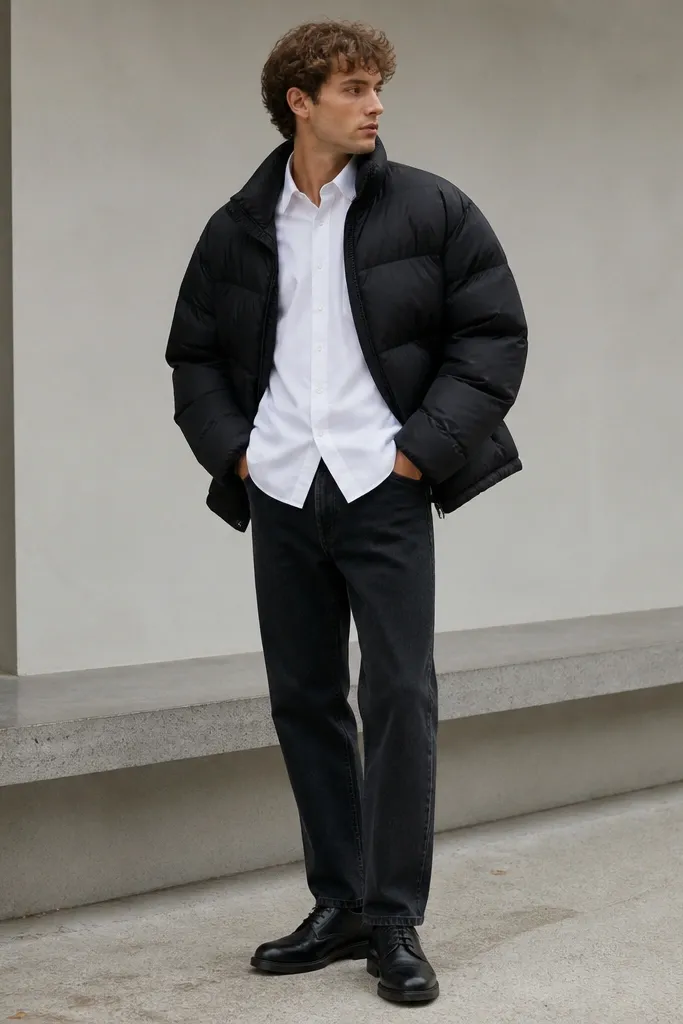 A black oversized puffer worn open over a crisp white Oxford shirt with a half tuck, dark straight jeans, and black leather lace-up shoes; the shirt collar peeks out.