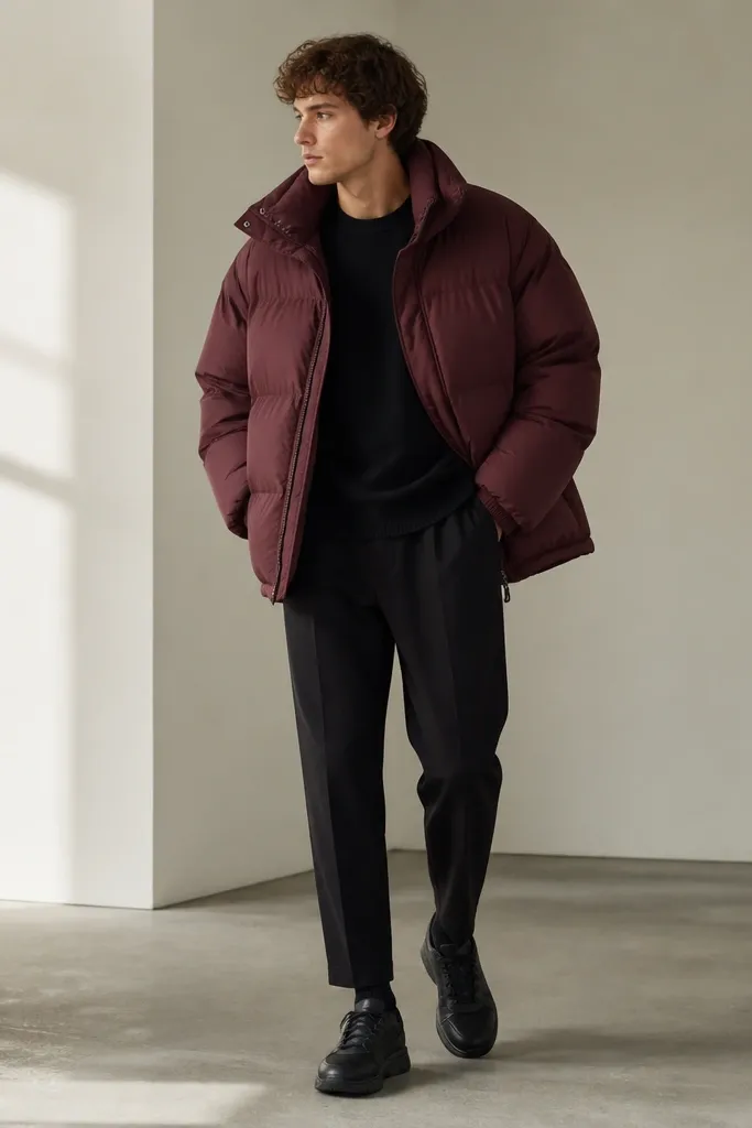 A burgundy oversized puffer jacket over a black knit sweater, paired with dark pants that taper slightly and end above the shoe; footwear is black sneakers.