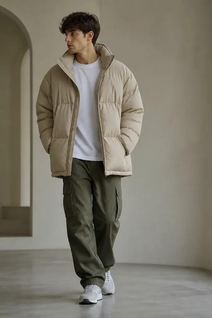 A sand beige oversized puffer with a matte shell, layered over a plain white tee, with olive cargo pants and light gray minimal sneakers; the jacket hangs slightly past the hips.