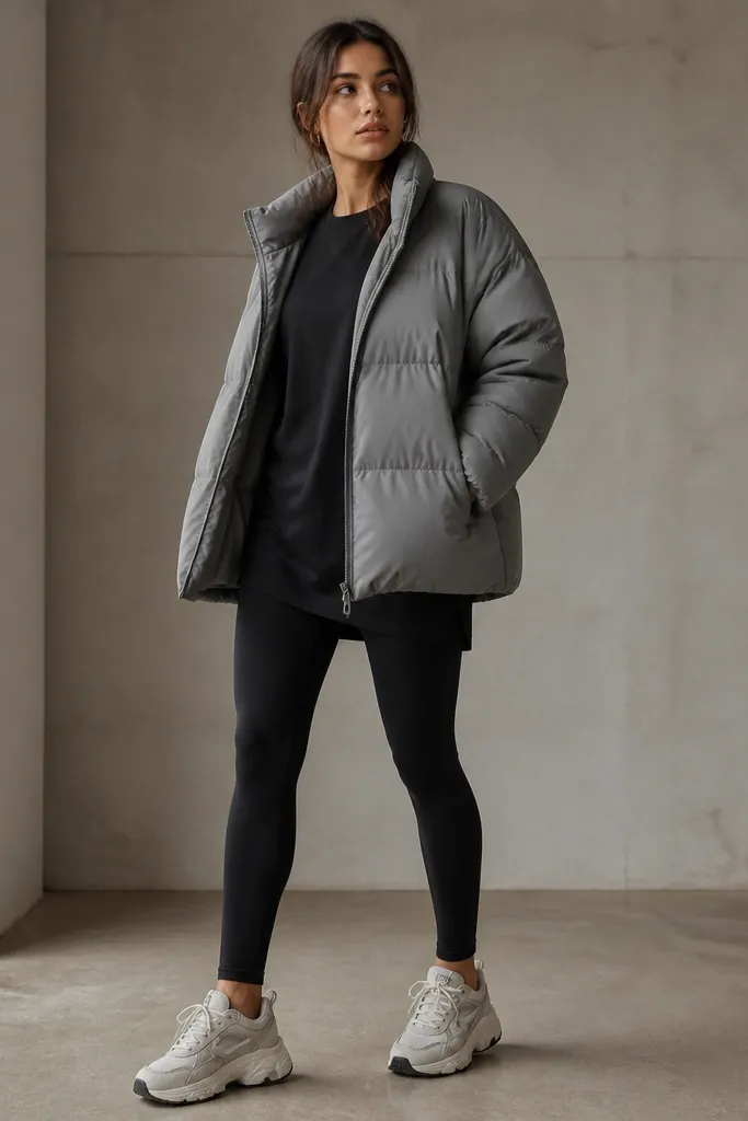 A medium-gray oversized puffer worn with an open front over a longline black tee, black leggings, and chunky trainers; the model’s stance shows the jacket length over the hips.
