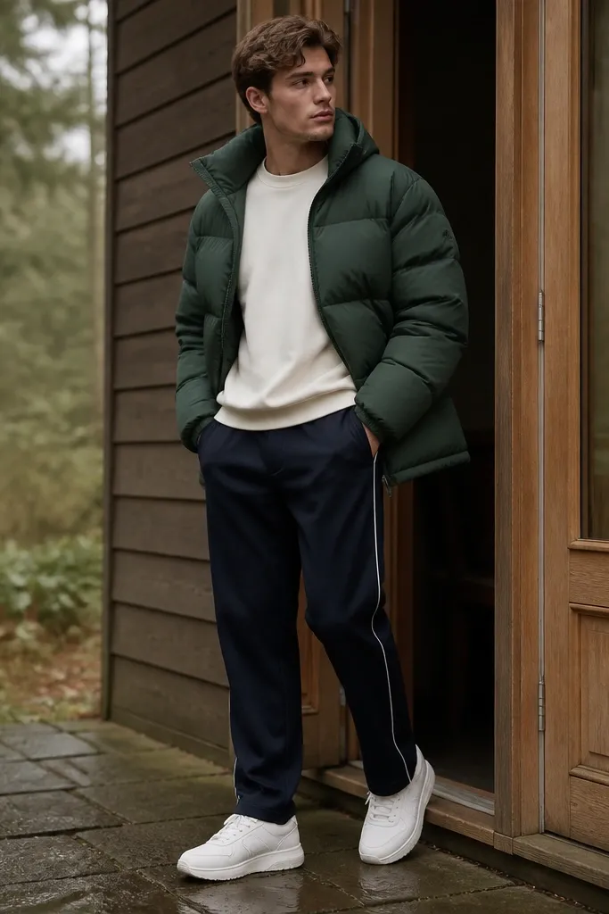 A forest green oversized puffer layered over a cream sweatshirt, paired with navy track pants featuring a subtle stripe; the model wears white sneakers.