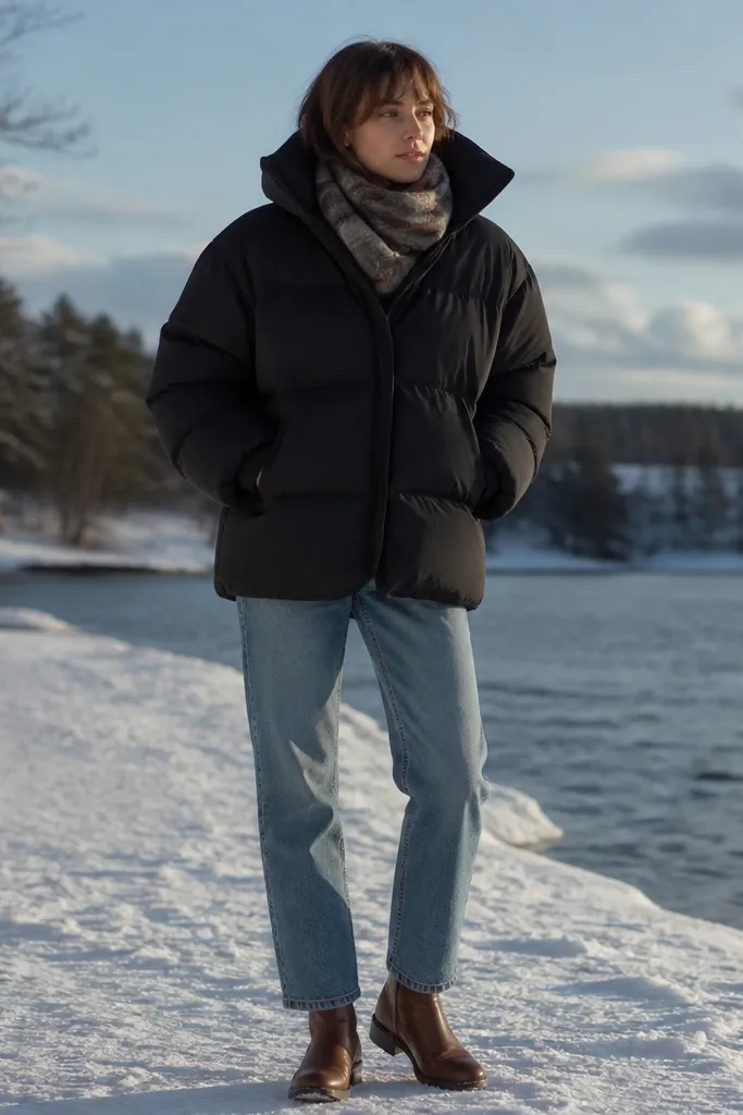 A black oversized puffer with a visible scarf wrapped at the neck (patterned in muted tones), light blue straight jeans, and brown leather boots; the outfit is shot outdoors in winter light.
