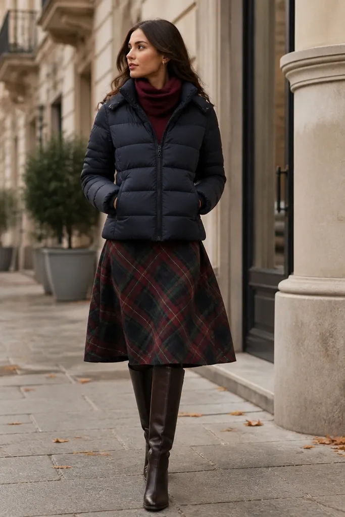 A navy puffer jacket worn with a red-and-green plaid midi skirt, black opaque tights, and dark brown knee-high boots; a burgundy scarf peeks out at the neck.