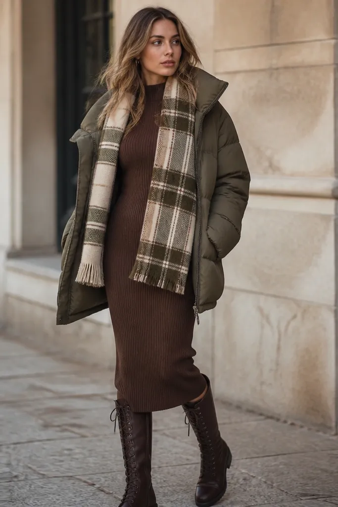 An olive puffer jacket worn open over a fitted chocolate-brown ribbed knit dress; a thick cream-and-olive plaid scarf; tall lace-up boots.