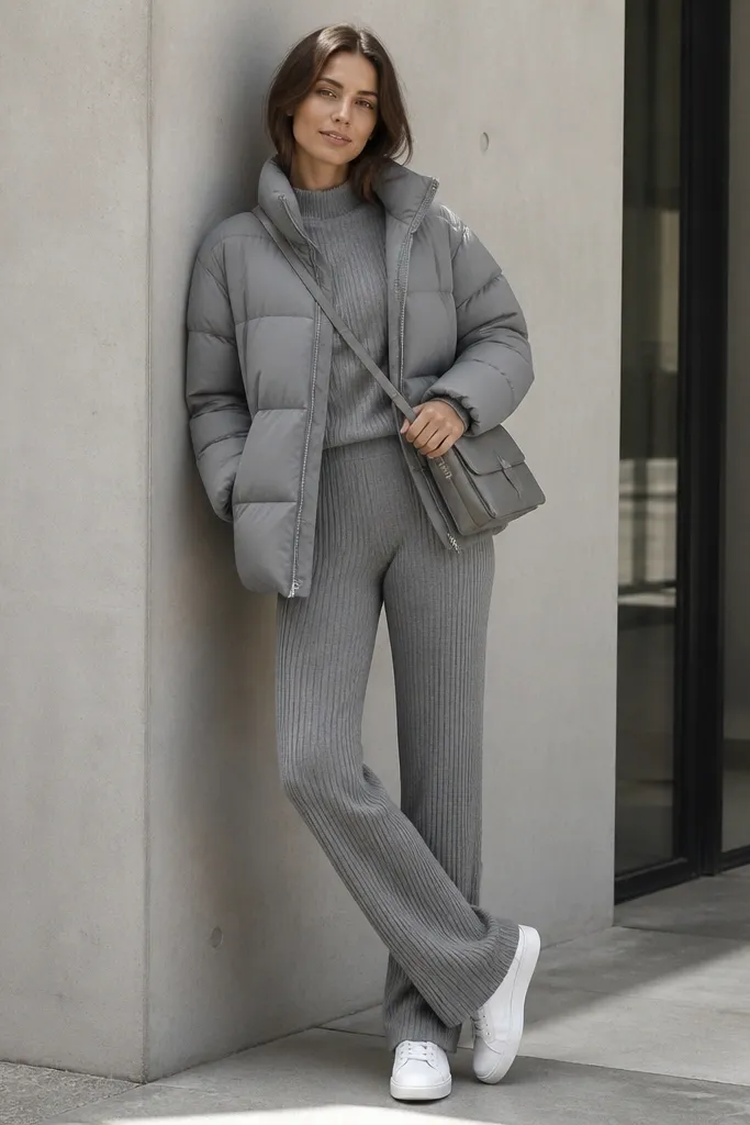 A mid-gray puffer jacket layered over a matching ribbed gray sweater and ribbed knit pants; white sneakers and a minimalist crossbody bag.
