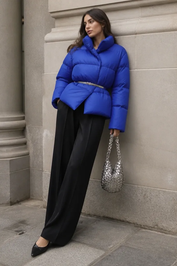 A cobalt blue puffer jacket with a slight cinched waist over black wide-leg trousers; a silver belt at the waist; black pointed-toe flats and a shiny silver chain bag.