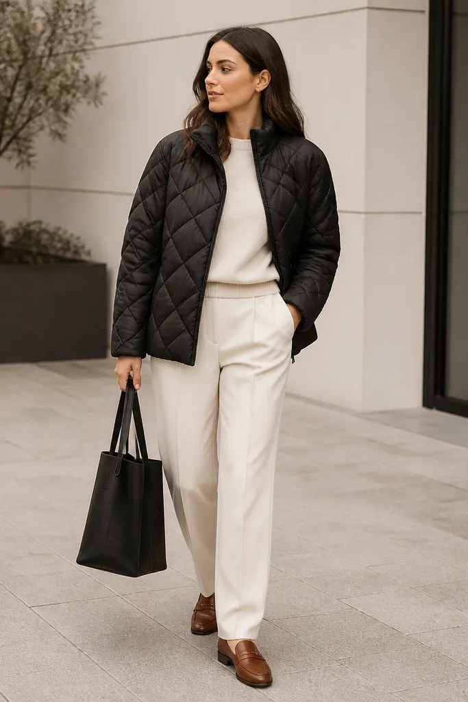 A black quilted puffer with visible stitching texture, worn over a cream sweater; cream tailored trousers and cognac leather loafers; a structured tote in black.
