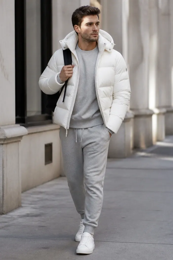 A white puffer jacket worn over a heather-gray crewneck sweatshirt and matching joggers; clean white sneakers; a minimal black leather backpack.