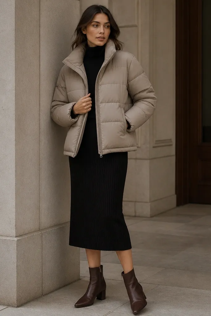 A light taupe hip-length puffer over a black turtleneck and a ribbed knit midi skirt, finished with dark brown ankle boots. The skirt falls just below the knees and the puffer hem hits around mid-hip.