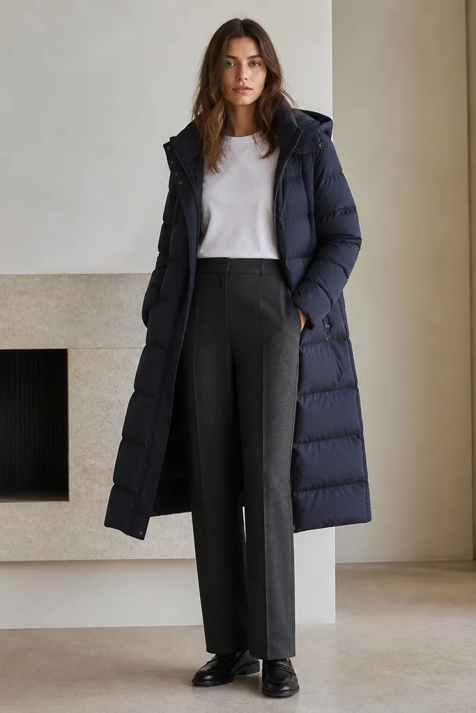 A long navy puffer jacket worn open over a white tucked T-shirt, with straight-leg charcoal trousers and black leather loafers. The photo shows a clean vertical line from jacket hem to shoe.