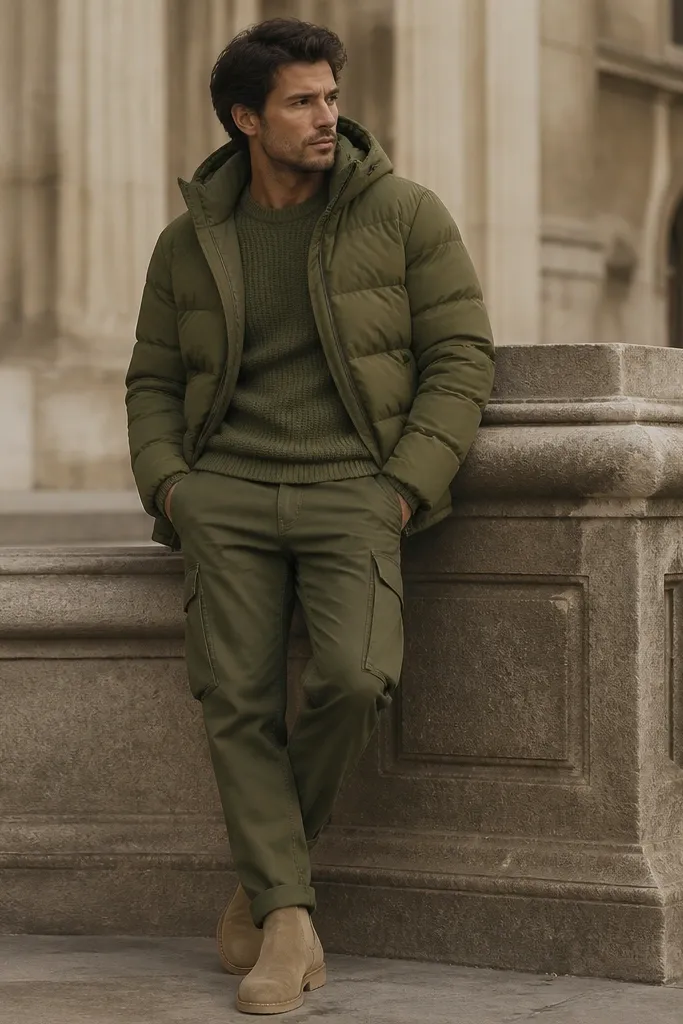 A monochrome outfit: olive-green puffer jacket over an olive knit sweater, paired with matching olive cargo-style pants and tan suede boots. The tones vary slightly but stay within the same color family.