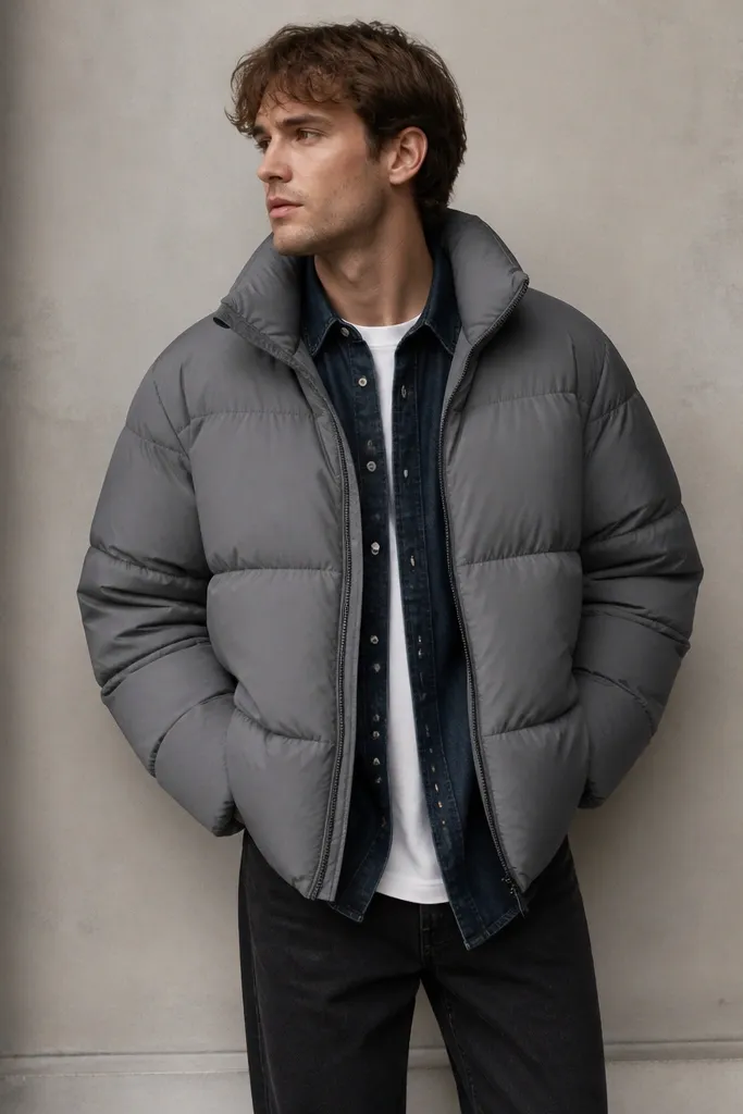 A medium-gray puffer jacket worn over a dark denim overshirt and a white tee, with black straight jeans. The overshirt buttons are visible under the puffer collar area.