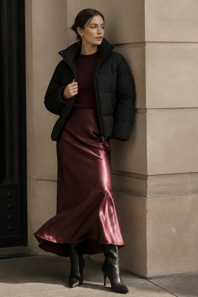 A black puffer jacket paired with a burgundy satin slip skirt and a fitted long-sleeve top in deep wine. The boots are sleek and black, and the skirt catches light at the hem.
