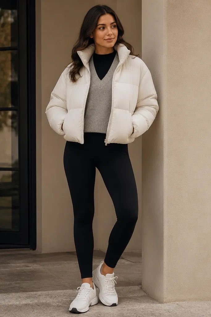 A cream puffer jacket over a gray sweater vest and a fitted black long-sleeve base, with black leggings and white sneakers. The outfit looks clean with no bunching at the waist.