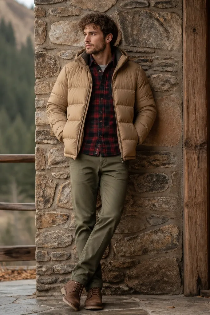 A tan puffer jacket layered over a red-and-black plaid flannel, paired with olive chinos and brown lace-up shoes. The flannel hem sits neatly at the waistband.
