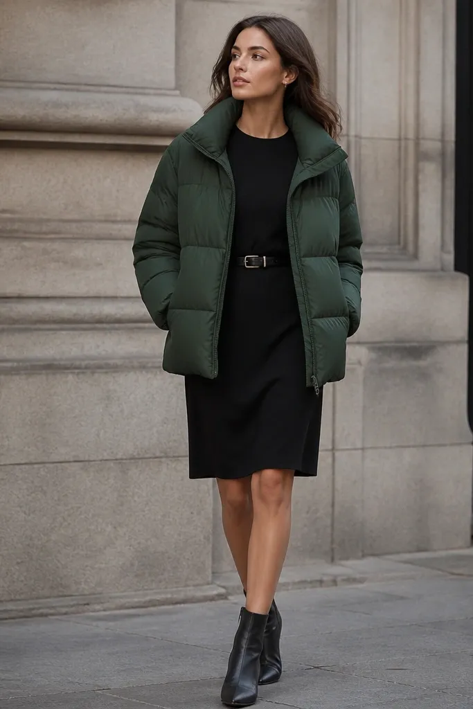 A dark green puffer jacket worn over a simple black dress with a thin belt at the waist. The belt creates a clear line, and the outfit is paired with black ankle boots.
