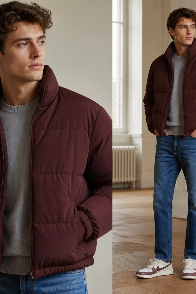 A burgundy puffer jacket over a heather-gray crewneck sweater, with medium-wash straight denim and white-and-burgundy sneakers. The outfit is photographed from the waist up and full-body view shows clean lines.