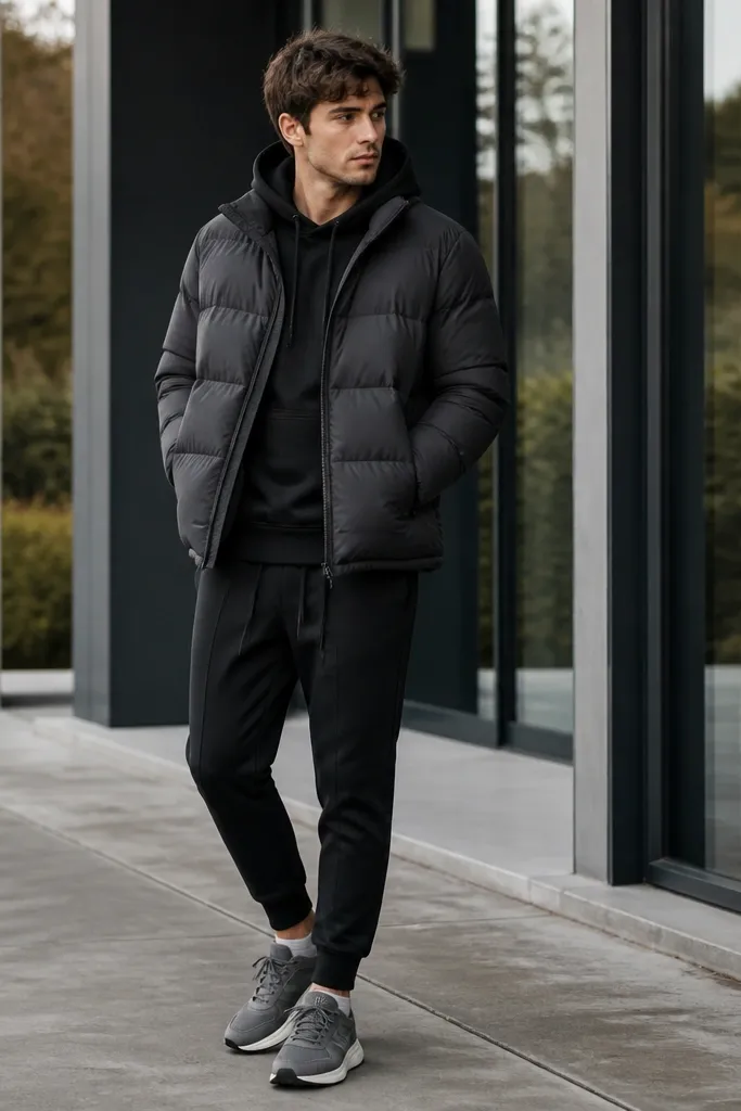 A charcoal puffer jacket over a black hoodie, paired with tailored joggers that taper at the ankle and gray running shoes. The hoodie hem is visible, and the joggers look structured rather than baggy.