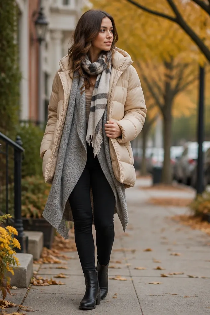 A warm oatmeal puffer jacket worn open over black leggings; a long, heather-gray cardigan or duster hangs below the hips, with a striped knit scarf draped at the neck; black ankle boots finish the look.