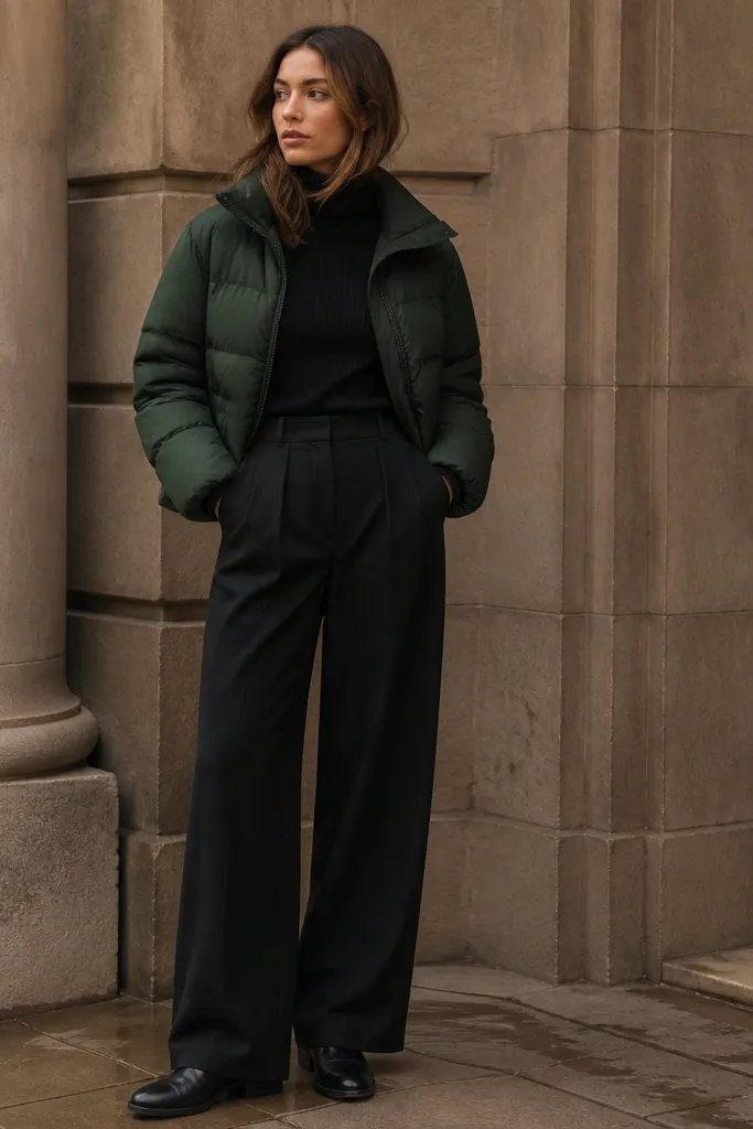 A forest green puffer jacket paired with high-rise black wide-leg pants; a ribbed black turtleneck is tucked neatly; the person wears sleek black loafers or boots and keeps accessories minimal.