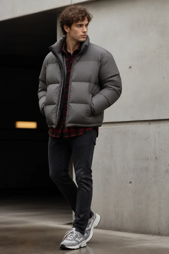A medium-gray puffer jacket worn over a red-and-black plaid button-down; dark skinny jeans and chunky gray-and-white sneakers; the plaid hem peeks out at the waist.