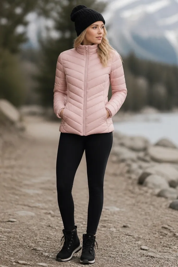 A light pink quilted puffer jacket with a fitted shape over black leggings; a black knit beanie sits on the head; black sneakers or ankle boots complete the look.