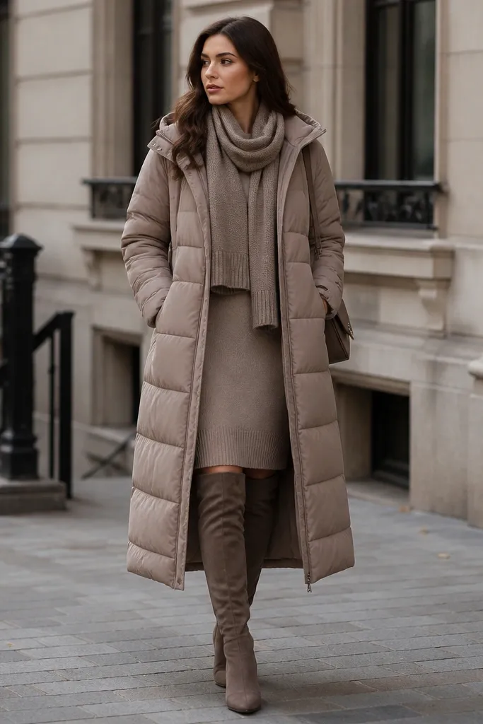 A longline puffer jacket worn over a fitted midi sweater dress; the dress is visible at the bottom; the person wears over-the-knee boots and a scarf in a matching tone.