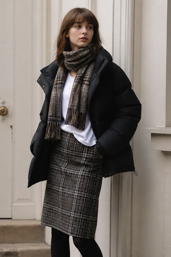 A black puffer jacket worn open over a white graphic or plain t-shirt; a knee-length skirt in muted plaid; the person wraps a plaid scarf around the neck and wears black tights.