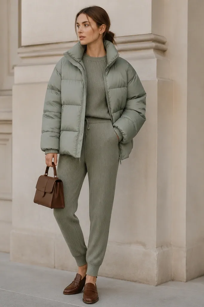 A sage green puffer jacket worn over a fitted ribbed knit set; ribbed jogger-style pants taper slightly at the ankle; the person wears brown loafers and carries a structured small bag.