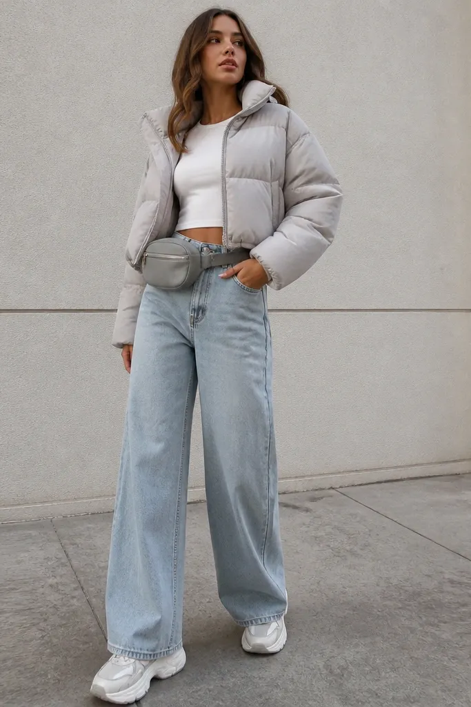 A cropped insulated puffer in light gray worn over a fitted top, with high-rise wide-leg jeans and a small belt bag across the waist. Sneakers are chunky and white with gray accents.