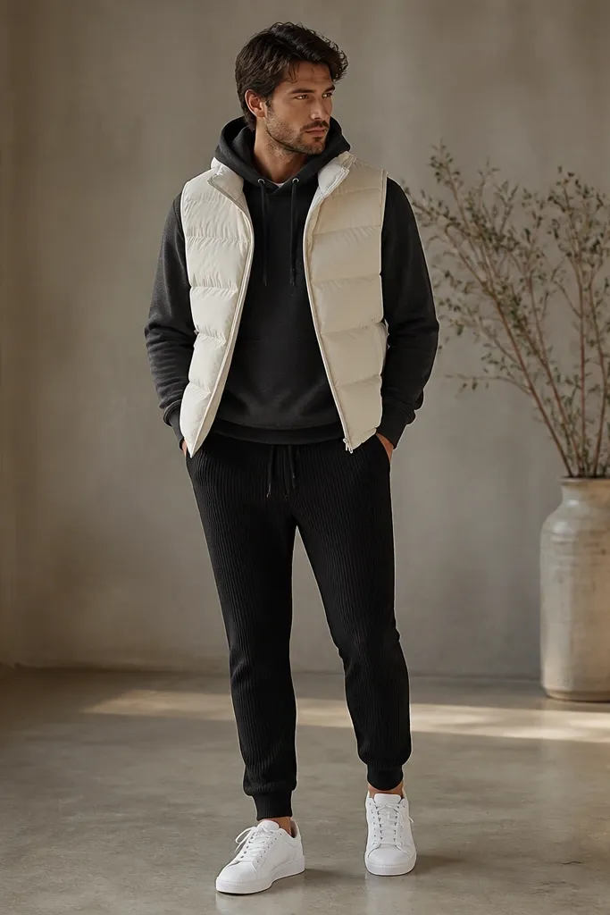 A quilted puffer vest layered on top of a charcoal hoodie, paired with ribbed black knit joggers and white sneakers. The layering shows through the open front of the vest.