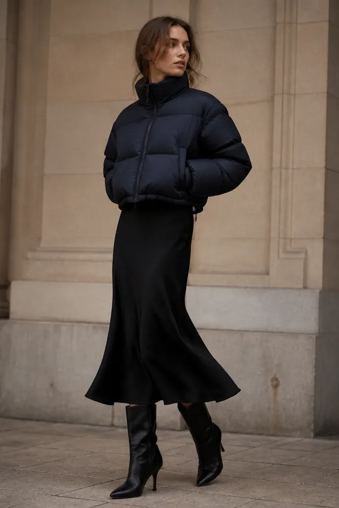 A cropped puffer jacket in deep navy worn with a black midi skirt that sways slightly, plus tall heeled boots reaching mid-calf. The skirt fabric looks smooth and non-fluffy.