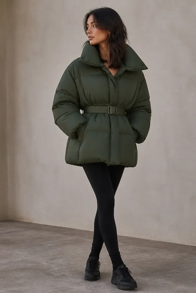 A roomy oversized puffer in forest green, cinched at the waist with a belt, paired with black slim leggings. The person wears minimal jewelry and dark socks with sleek sneakers.