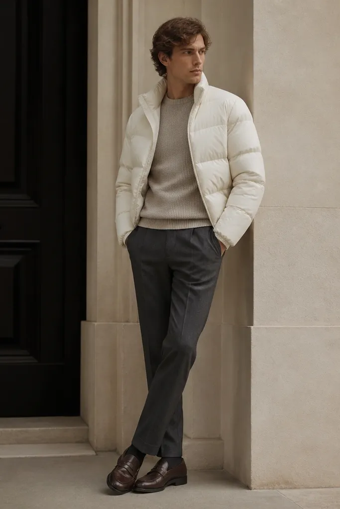 A puffer jacket in off-white over a neutral knit top, paired with charcoal tailored trousers and loafers. The fit is clean at the shoulders and the trousers have a sharp crease.