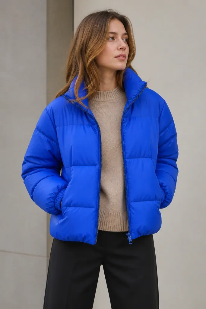 A bright cobalt puffer jacket layered over a beige sweater, with black straight pants. The outfit is minimal, letting the jacket color dominate.