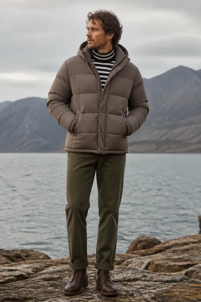 A taupe puffer jacket worn over a black-and-white striped turtleneck, paired with olive relaxed chinos and brown lace-up boots. The stripes peek out at the neckline.