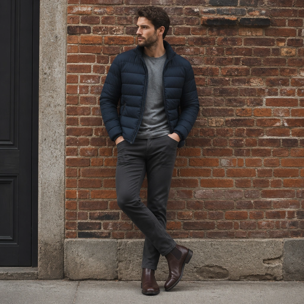 A navy puffer jacket layered over a heather gray long-sleeve shirt, with charcoal chinos and dark brown Chelsea boots, standing in front of a brick wall.