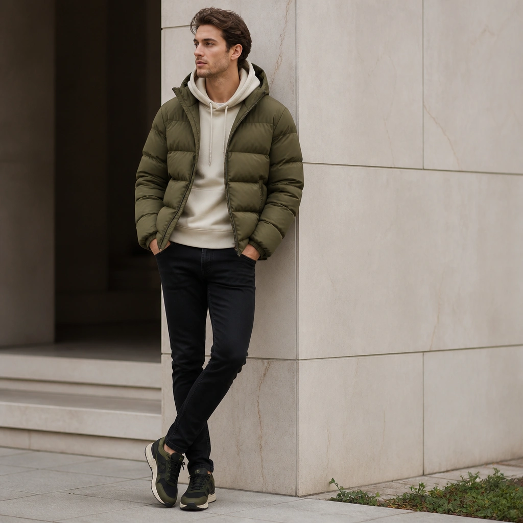 An olive green puffer jacket worn over a cream hoodie, paired with black slim jeans and sneakers that have black uppers with olive accents.