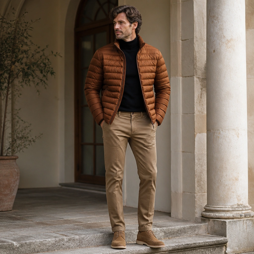 A warm cognac-brown puffer jacket over a black mock neck, with tan chinos and suede desert boots, photographed in soft daylight.