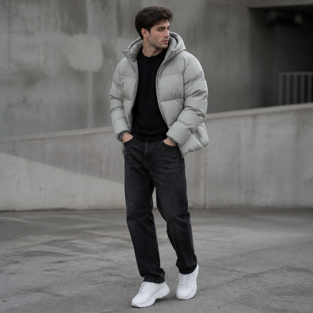 A light gray puffer jacket layered over a black crew tee, with washed black jeans and chunky white sneakers, shot outdoors with a muted background.