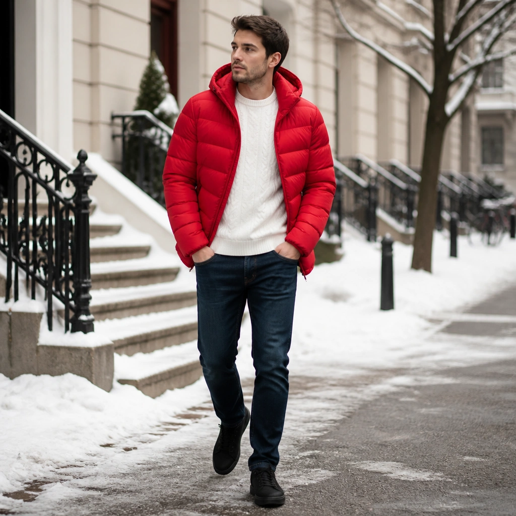 A bright red puffer jacket worn over a white knit sweater, with navy jeans and plain black sneakers, shown with a winter street background.