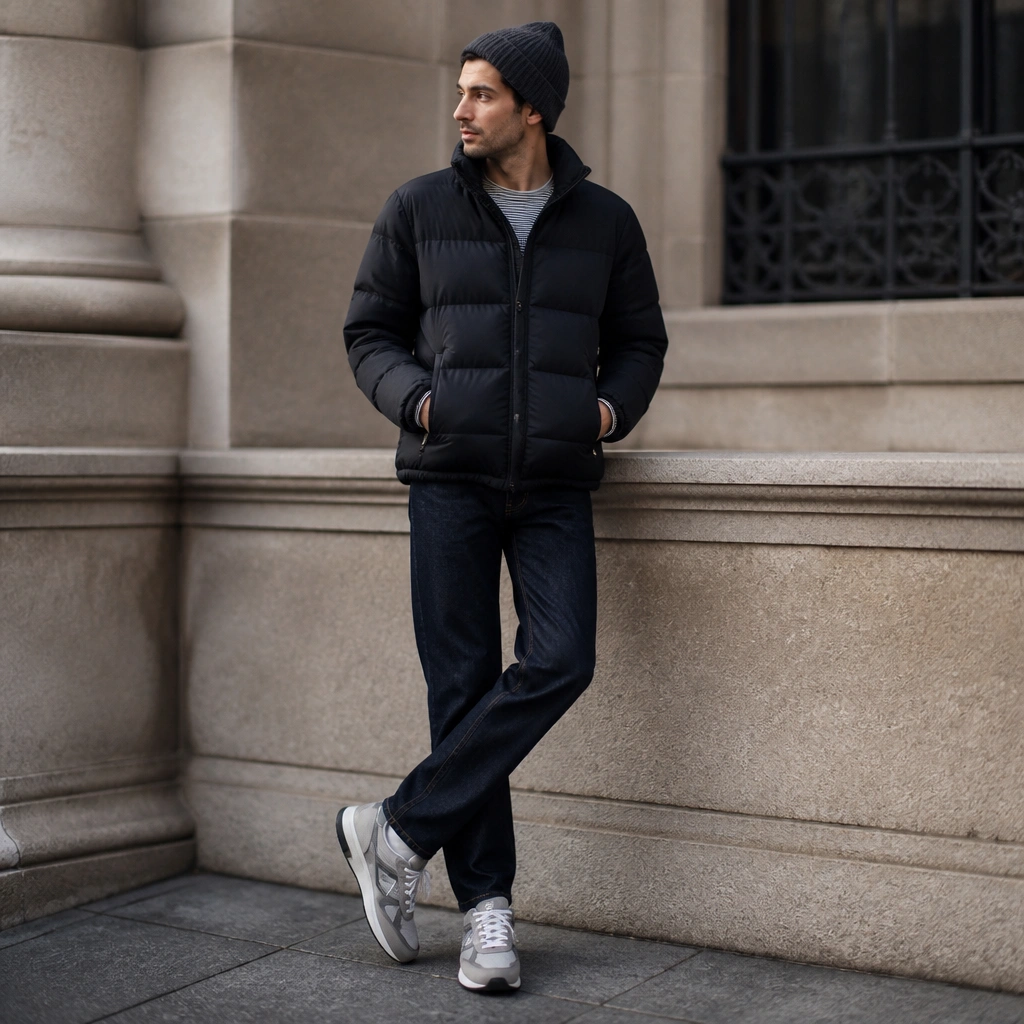A black puffer jacket with a visible striped tee peeking at the collar and cuffs, dark denim jeans, a charcoal beanie, and gray-and-white athletic shoes.