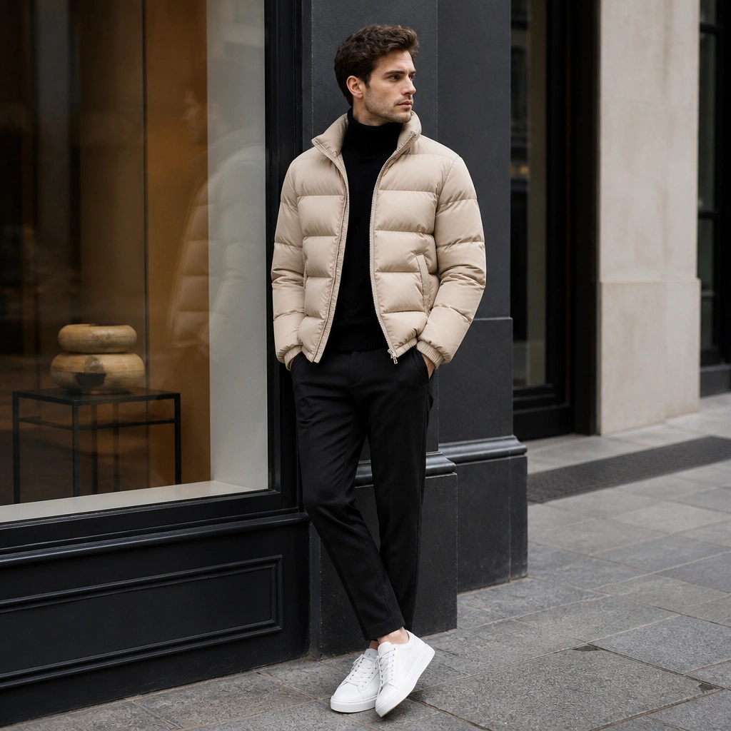 A beige puffer jacket over a black turtleneck, black chinos, and minimalist white sneakers, photographed in front of a storefront window.