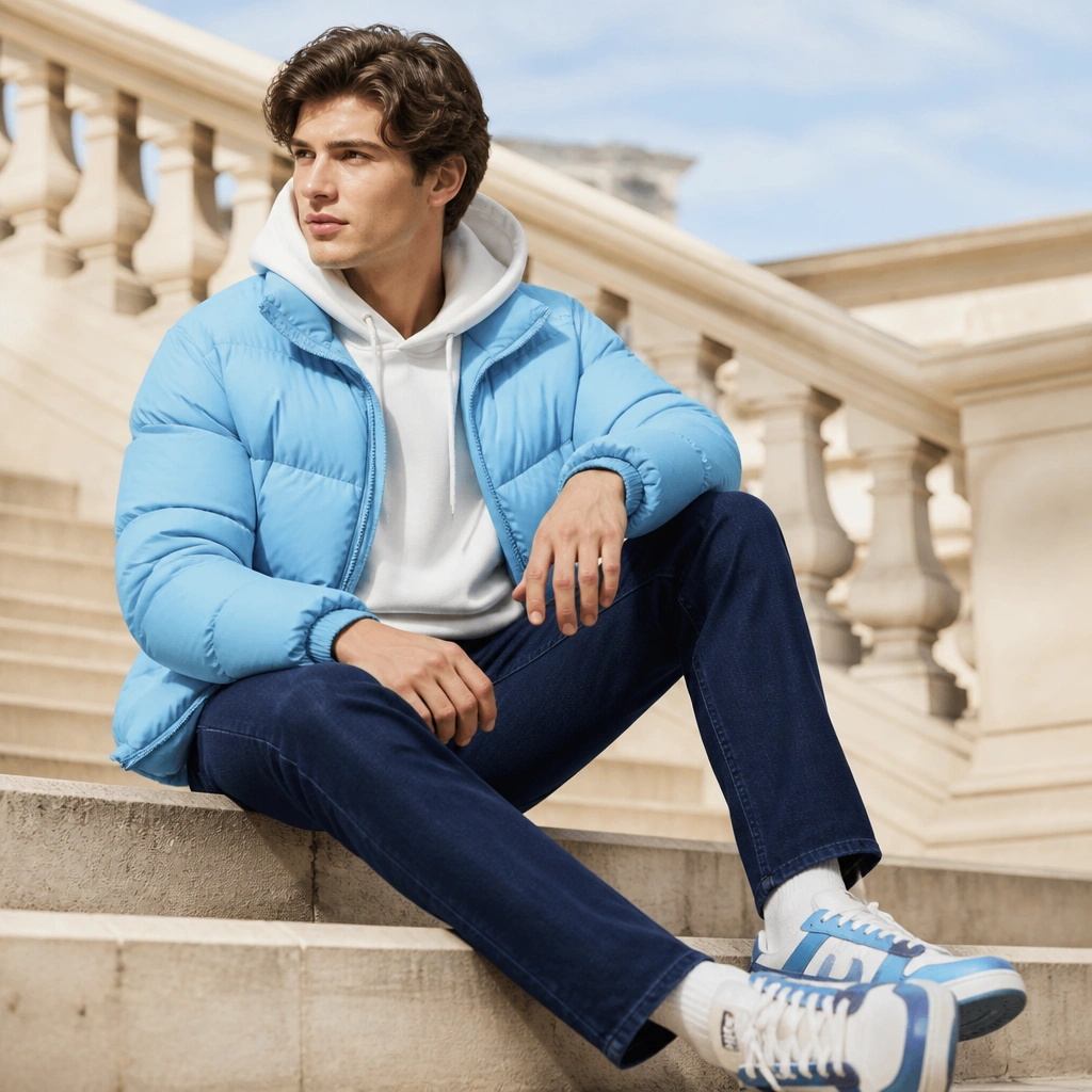 A light blue puffer jacket layered over a white hoodie, navy jeans, and white-and-blue sneakers, shown in a bright outdoor setting.