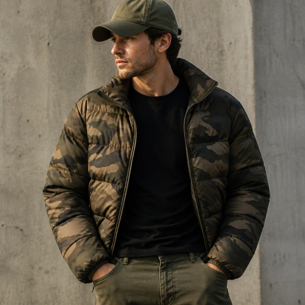 A camouflage-pattern puffer jacket with a solid black shirt underneath, olive jeans, and an olive baseball cap, photographed from the waist up.
