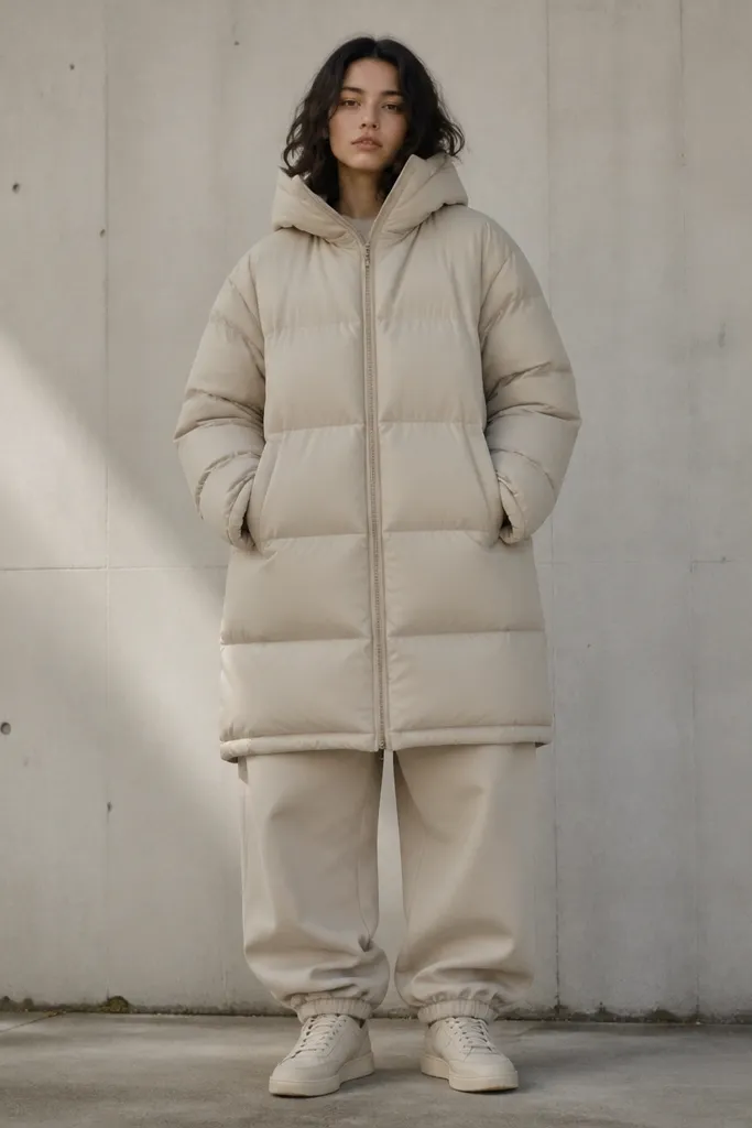 A full-length puffer jacket layered over loose joggers; the outfit looks wide across the hips and thighs, with no clear taper, photographed from the front.