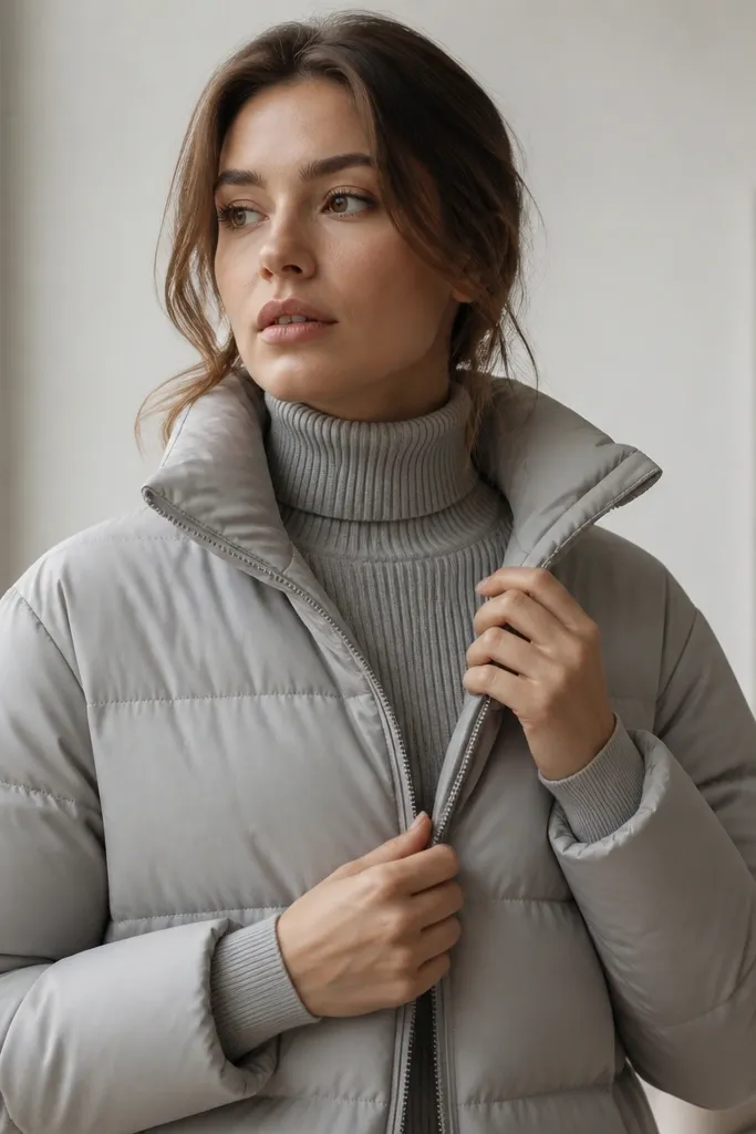 A woman layering a fitted ribbed turtleneck beneath a light-gray puffer; you can clearly see the ribbed neckline and a smooth sleeve line at the cuffs.
