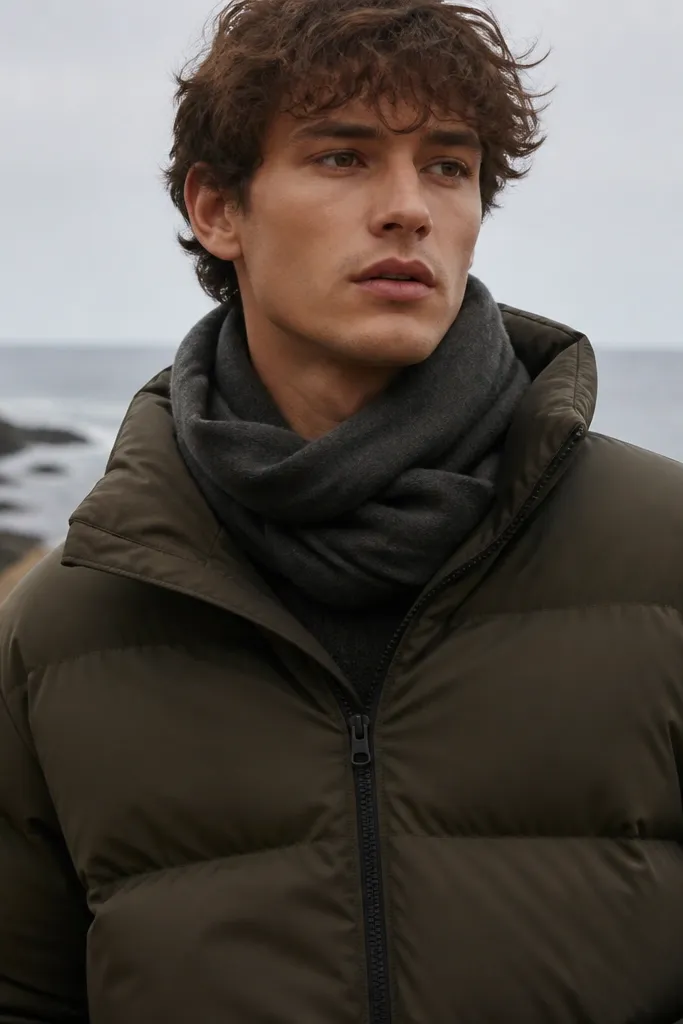 A puffer jacket worn half-zipped with a messy collar fold and a scarf bunched at the throat; the photo shows uneven collar shape.