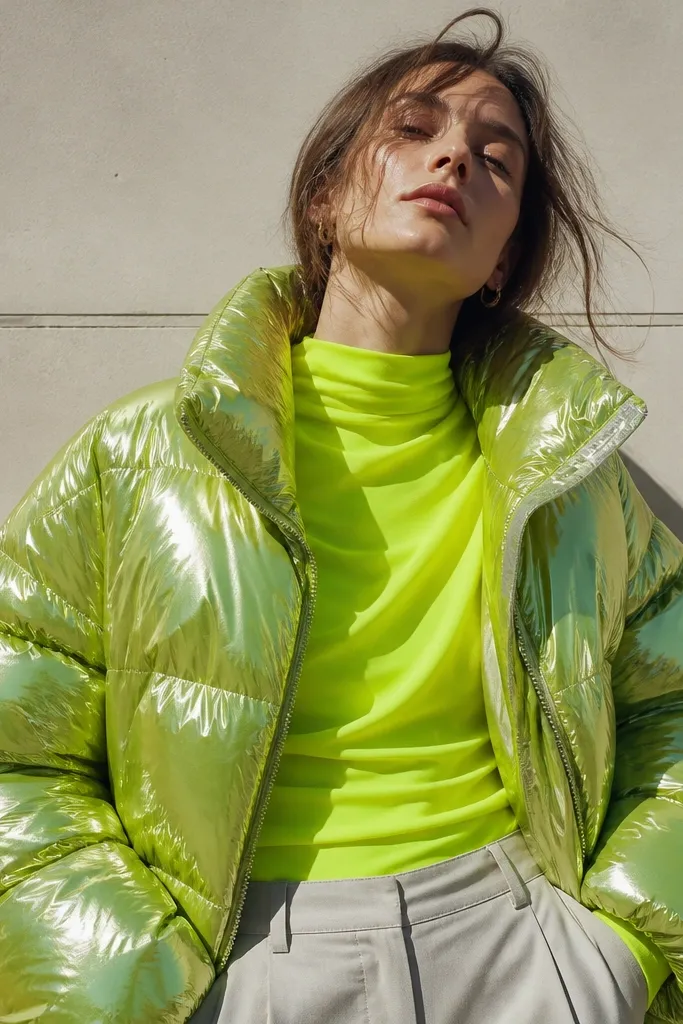 A shiny lime-green puffer paired with a bright neon top; the highlights from the fabric make the outfit look chaotic in daylight.